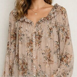 Lilith Silk Floral Sheer Ruffled Blouse One Size